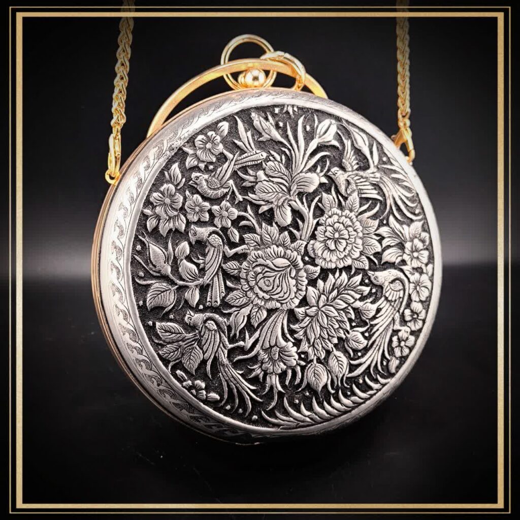 کیف گرد گنبدی مدل گل صدبرگ یک کیف دایره ای قلمزنی شده کیف دستی زنانه و دخترانه مناسب هدیه و کادو
