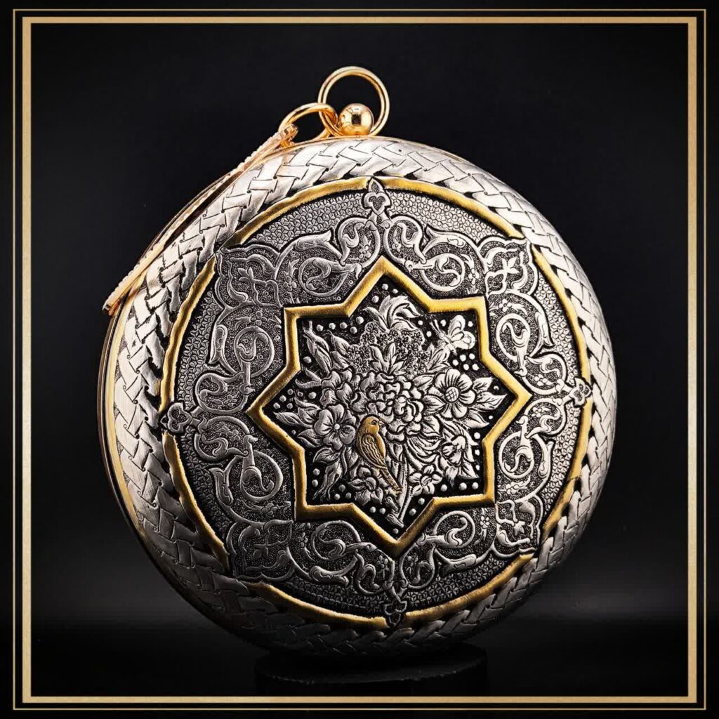 کیف دایره ای بزرگ قلمزنی مدل دلگشا یک کیف زنانه دستی در فرم گرد خاص و قشنگ مناسب کادو و هدیه
